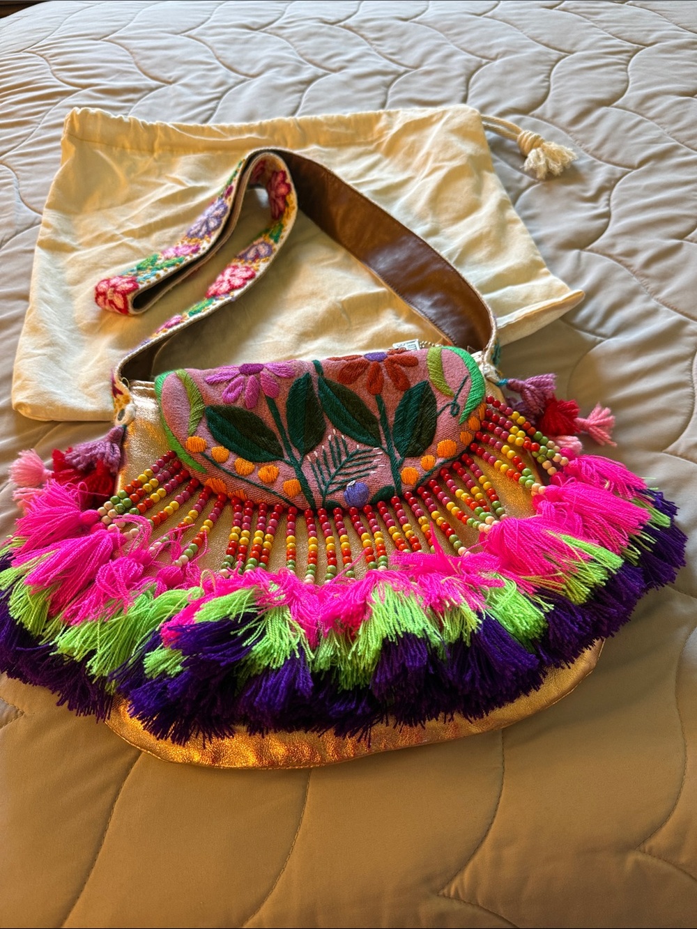 LatinoBoho Embroidered Floral Fringe Crossbody in Bright Pink, Green & Purple